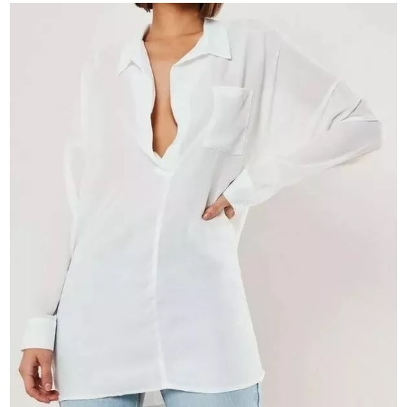 Missguided White Oversized Plunge Front Top Blouse Size 4 - Picture 2 of 11